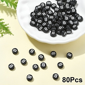 Opaque Acrylic Horizontal Hole Beads, with Enamel, Flat Round, Letter B, 7x4mm, Hole: 1.5mm