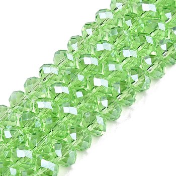 Electroplate Glass Beads Strands, Pearl Luster Plated, Faceted, Rondelle, Light Green, 8x6mm, Hole: 1mm, about 64~65pcs/strand, 40~41cm