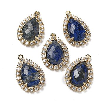 Natural Lapis Lazuli Faceted Teardrop Pendants, Rack Plating Brass Micro Pave Clear Cubic Zirconia Drop Charms, Golden, 25x16.5x5.5mm, Hole: 1.4mm