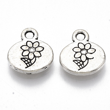 Tibetan Style Alloy Charms, Cadmium Free & Lead Free, Flat Round with Flower & Word Grow, Antique Silver, 13x11.5x2.5mm, Hole: 1.8mm, about 800pcs/1000g