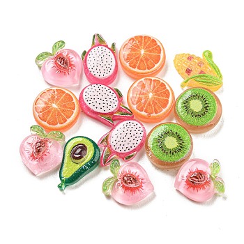Translucent Resin Cabochons, Fruit, Peach & Orange & Kiwi Fruit, Mixed Shapes, Mixed Color, 10~12x7.5~10x3~4mm
