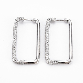 Rectangle Hoop Earrings for Girl Women, Brass Micro Pave Clear Cubic Zirconia Earrings, Nickel Free, Platinum, 35.5x19x3mm, Pin: 1mm
