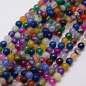 Natural Agate Beads Strands, Faceted, Dyed, Round, Mixed Color, 8mm, Hole: 1mm, about 48pcs/strand, 15 inch