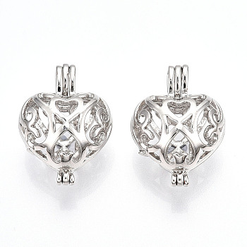 Brass Locket Pendants, Bead Cage Pendants, Hollow, Heart, Platinum, 24x17x10.5mm, Hole: 3mm, inner measure: 11x14mm