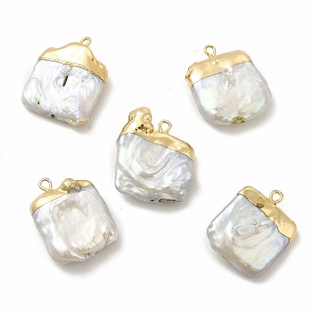 Baroque Natural Keshi Pearl Pendants, Square Charms, with Brass Loops, Light Gold, 23~25x18~23x7~8mm, Hole: 1.8mm