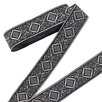 Ethnic Style Embroidery Polyester Ribbons, Jacquard Ribbon, Garment Accessories, Black, Flat, Rhombus Pattern, 1-5/8 inch(40mm)