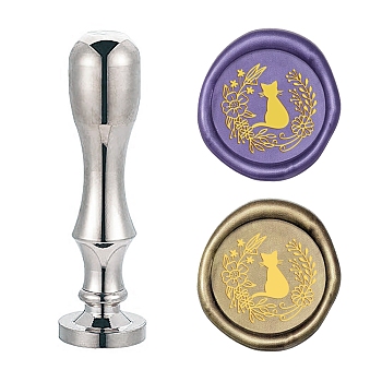 DIY Scrapbook, Brass Wax Seal Stamp Flat Round Head and Handle, Silver Color Plated, Cat Pattern, 25mm
