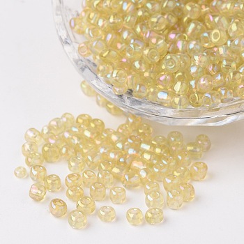 6/0 Transparent Rainbow Colours Round Glass Seed Beads, Pale Goldenrod, Size: about 4mm in diameter, hole:1.5mm, about 495pcs/50g