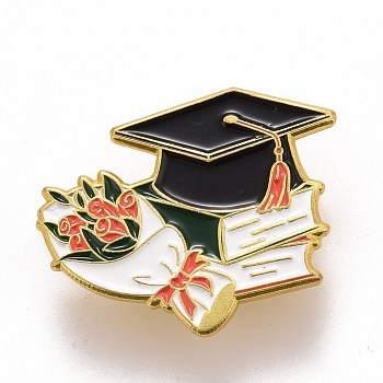 Doctorial Hat with Book and Bouquet Enamel Pin, for Teachers Students, Alloy Enamel Brooch for Backpack Clothes, Golden, Colorful, 25.5x31x1.5mm, Pin: 1.2mm