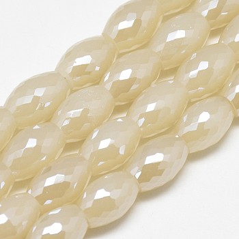 Electroplate Glass Beads Strands, Rainbow Plated, Faceted, Oval, Antique White, 11~12x8mm, Hole: 1mm, about 60pcs/strand, 27.56 inch