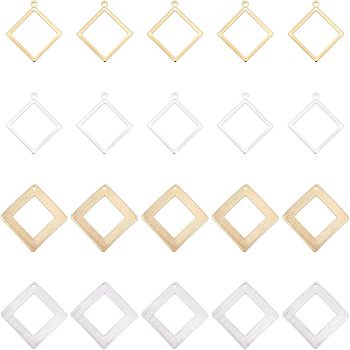 SUPERFINDINGS 40Pcs 4 Style  Rack Plating Eco-friendly Brass Pendants, Lead Free & Cadmium Free, Long-Lasting Plated, Hollow Rhombus, Golden & Silver, 23~25x21~25x1~2mm, Hole: 1~1.5mm, 10pcs/style