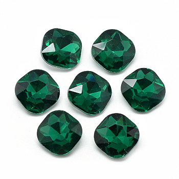 Pointed Back Glass Rhinestone Cabochons, Faceted, Back Plated, Square, Sea Green, 10x10x4.5mm