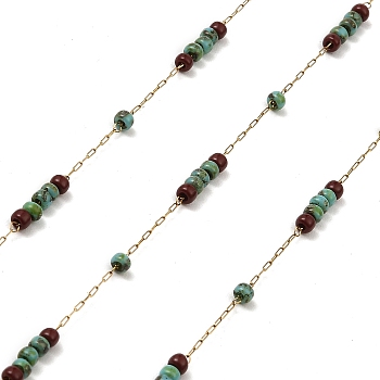 Medium Aquamarine Rondelle Glass Seed Beaded Link Chains, with 304 Stainless Steel Paperclip Chains, Soldered, with Spool, Golden, 3x2mm, about 32.81 Feet(10m)/Roll