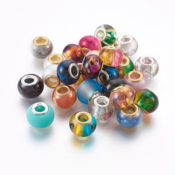 Glass European Beads, with Brass Cores, Large Hole Beads, Rondelle, Mixed Color, 14.5x11mm, Hole: 5mm