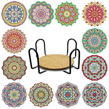 DIY Cup Mats Diamond Painting Kits, Including Cork Pads, Iron Coaster Holder, Resin Rhinestones, Diamond Sticky Pen, Tray Plate and Glue Clay, Flower Pattern, 100mm