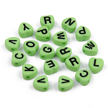Opaque Acrylic Enamel Beads, Horizontal Hole, Heart with Mixed Black Letters, Green, 7x7x4mm, Hole: 1.5mm, about 3600pcs/500g