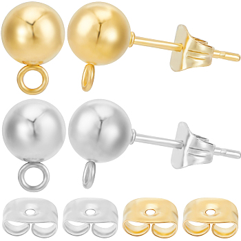 40Pcs 2 Styles 304 Stainless Steel Round Ball Post Stud Earring Findings, with Loop, 20Pcs Ear Nuts, Real 24K Gold Plated & Stainless Steel Color, 9~18x6~9x6mm, Hole: 1.8~2mm, Pin: 0.6~0.8mm, 20Pcs/style