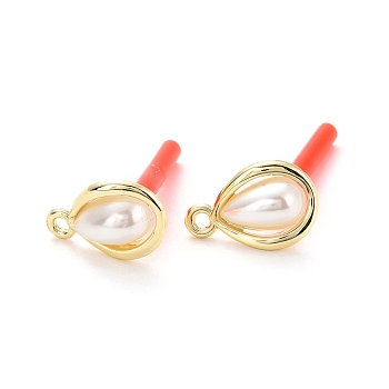 Alloy Stud Earring Findings, with 925 Sterling Silver Pin and ABS Plastic Imitation Pearl, with Loop, Teardrop, Golden, 15x10mm, Hole: 1.5mm, Pin: 0.7mm