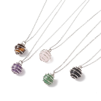 Natural Gemstone Cage Pendant Necklace with 304 Stainless Steel Cable Chains for Women, Stainless Steel Color, 17.52 inch(44.5cm)