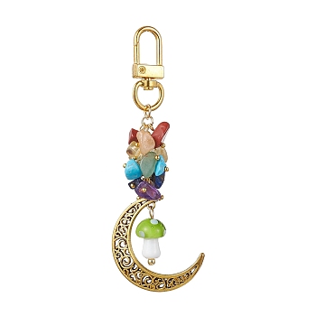 Alloy Hollow Moon & Lampwork Mushroom Pendant Decorations, Natural & Synthetic Mixed Stone Chip and Swivel Clasps Charm, Green Yellow, 99mm