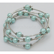 Fashion Wrap Bracelets, Glass Pearl Bracelets with Tube Beads, Cyan, Bracelet: about 60mm inner diameter(X-J-JB00041-01)