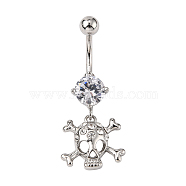 Piercing Jewelry Real Platinum Plated Brass Rhinestone Pirate Style Skull Navel Ring Belly Rings, Crystal, 40x15mm, Bar Length: 3/8"(10mm), Bar: 14 Gauge(1.6mm)(AJEW-EE0001-28)