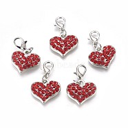 Alloy Rhinestone Pendants, Cadmium Free & Lead Free, Grade A, with Lobster Clasp, Heart, Platinum Metal Color, Light Siam, 30x18x4mm(RB-C1386-A21P)