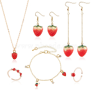 Strawberry Brass Enamel Pendant Necklace & Dangle Earrings & Open Cuff Ring & Charm Bracelet Jewelry Sets, Light Gold Alloy Jewelry Set for Women, Red, 16.22 inch(41.2cm), 26x18.5x19mm, Pin: 0.6mm, Inner Diameter: 17mm, 7 inch(17.8cm)(SJEW-AN0001-35)