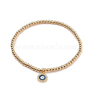 Stretch Charm Bracelets, with Enamel, Brass Round Beads and Evil Eye Brass Micro Pave Cubic Zirconia Charms, Golden, Inner Diameter: 2-1/4 inch(5.7cm)(BJEW-JB05684)