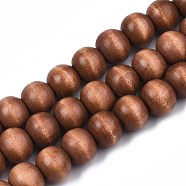 Painted Natural Wood Beads Strands, Round, Sienna, 10x8~9mm, Hole: 2~3mm, about 41~42pcs/strand, 13.98 inch~14.61 inch(35.5~37.1cm)(WOOD-S053-54L)