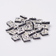 Brass Rhinestone Spacer Beads, Grade A, Silver Color Plated, Square, Jet, 6x6x3mm, Hole: 1mm(RB-A013-6x6-02S)