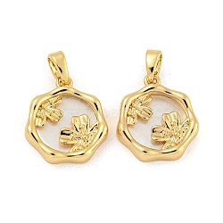 Brass Pave Shell Pendants, Hexagon with Flower Charm, Real 18K Gold Plated, 16x14.5x3mm, Hole: 4.8x2.7mm(KK-G490-37G)