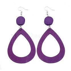 Trendy Teardrop Wood Dangle Earrings, with Platinum Plated Iron Earring Hooks, Purple, 105x45mm, Pin: 0.8mm(EJEW-F0090-07C)