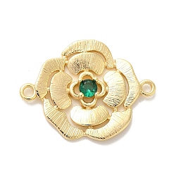 Brass Pave Glass Connector Charms, Flower Links, Real 18K Gold Plated, Green, 17x22.5x3mm, Hole: 1.4mm(KK-Z073-32G-04)