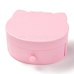 Cat Shaped Plastic Jewelry Boxes, Double Layer with Cover and Mirror, Pink, 14x15.5x7.6cm, 5 compartments/box(OBOX-F006-10C)