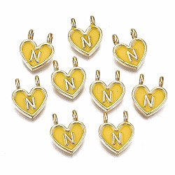 Alloy Enamel Charms, Cadmium Free & Lead Free, Heart with Initial Letters, Light Gold, Yellow, Letter.N, 14.5x11.5x4.5mm, Hole: 2mm(ENAM-T012-02N-RS)