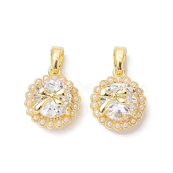 Brass Micro Pave Clear Cubic Zirconia Charms, with ABS Imitation Pearl, Flat Round, Real 18K Gold Plated, 14x12x7.5mm, Hole: 5x2.8mm(KK-K360-15G)