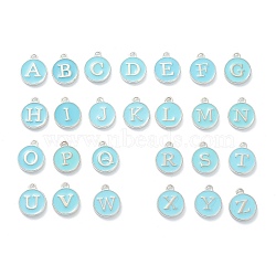Platinum Plated Alloy Enamel Charms, Cadmium Free & Lead Free, Enamelled Sequins, Flat Round with Letter, Sky Blue, Platinum, 14x12x2mm, Hole: 1.4mm(ENAM-XCP0001-04)