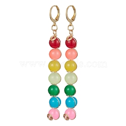 304 Stainless Steel Leverback Earrings, Colorful Glass Round Beaded Long Drop Earrings, Real 24K Gold Plated, 80x8~8.5mm(EJEW-JE05606-01)