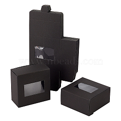 Foldable Creative Kraft Paper Box, Wedding Favor Boxes, Favour Box, Paper Gift Box, with Plastic Clear Window, Rectangle, Black, 8x8x4cm(CON-BK0001-001A)