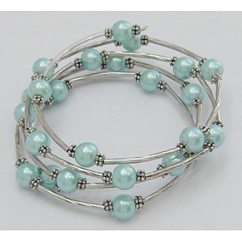 Fashion Wrap Bracelets, Glass Pearl Bracelets with Tube Beads, Cyan, Bracelet: about 60mm inner diameter