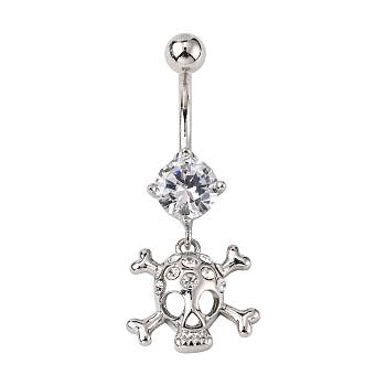 Piercing Jewelry Real Platinum Plated Brass Rhinestone Pirate Style Skull Navel Ring Belly Rings, Crystal, 40x15mm, Bar Length: 3/8"(10mm), Bar: 14 Gauge(1.6mm)