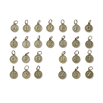 Alloy Pendants, with Brass Split Rings, Antique Bronze, Flat Round, Letter A~Z, 14x12x2mm, Ring: 7x0.5mm, 6mm Inner Diameter, 26pcs/set
