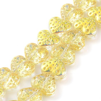 Electroplate Transparent Glass Beads Strands, Heart, Yellow, 13x15mm, Hole: 1.2mm, about 50pcs/strand, 25.59''(65cm)