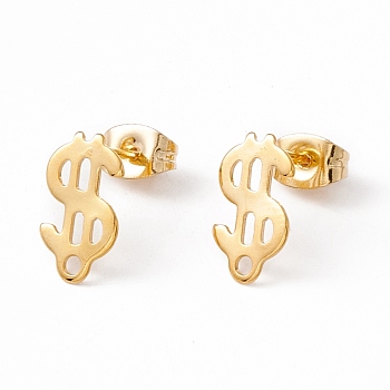 201 Stainless Steel Stud Earring Findings with Hole, 304 Stainless Steel Pins and Ear Nuts, Dollar Sign, Real 24K Gold Plated, 12x7mm, Hole: 1.4mm, Pin: 0.8mm