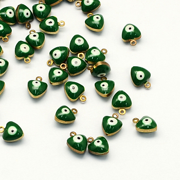 Golden Tone Brass Enamel Charms, Enamelled Sequins, Heart with Eye, Green, 9x7x5mm, Hole: 1mm