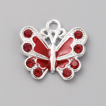 Alloy Enamel Pendants, with Rhinestones, Butterfly Charms, Red, 21x22x3.7mm, Hole: 2.5mm