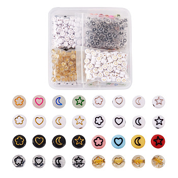 Cheriswelry 940Pcs 8 Style Acrylic Beads, Flat Round with Moon & Heart Flower & Star, Mixed Color, 7x3.5~4mm, Hole: 1~1.6mm