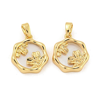 Brass Pave Shell Pendants, Hexagon with Flower Charm, Real 18K Gold Plated, 16x14.5x3mm, Hole: 4.8x2.7mm