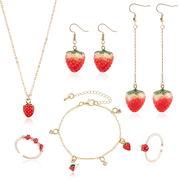 Strawberry Brass Enamel Pendant Necklace & Dangle Earrings & Open Cuff Ring & Charm Bracelet Jewelry Sets, Light Gold Alloy Jewelry Set for Women, Red, 16.22 inch(41.2cm), 26x18.5x19mm, Pin: 0.6mm, Inner Diameter: 17mm, 7 inch(17.8cm)